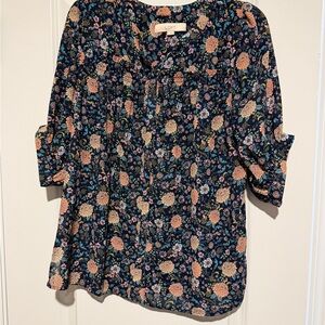 LOFT Navy Floral Roll-Sleeve Tunic with Pink and Cream Blooms